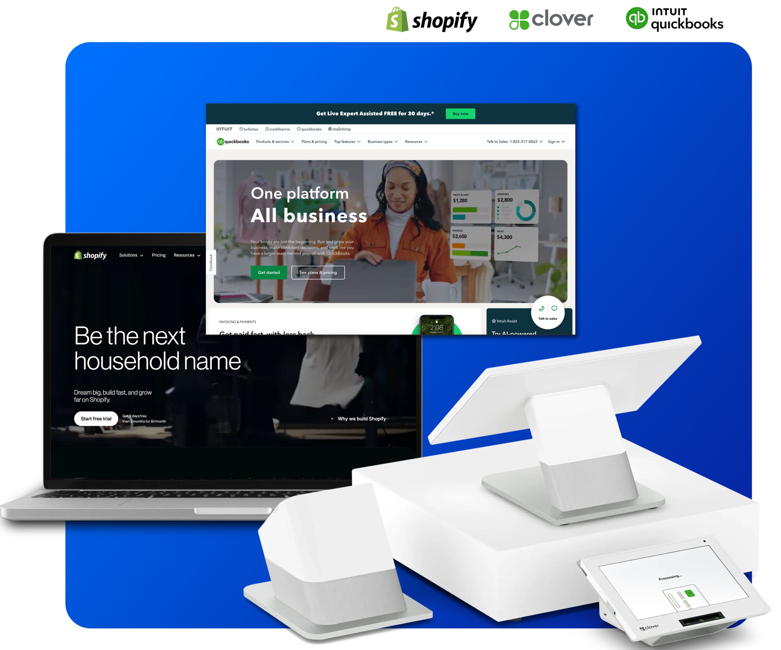 AGMS payment solutions integrating Clover POS, Shopify e-commerce, and QuickBooks accounting for business growth.