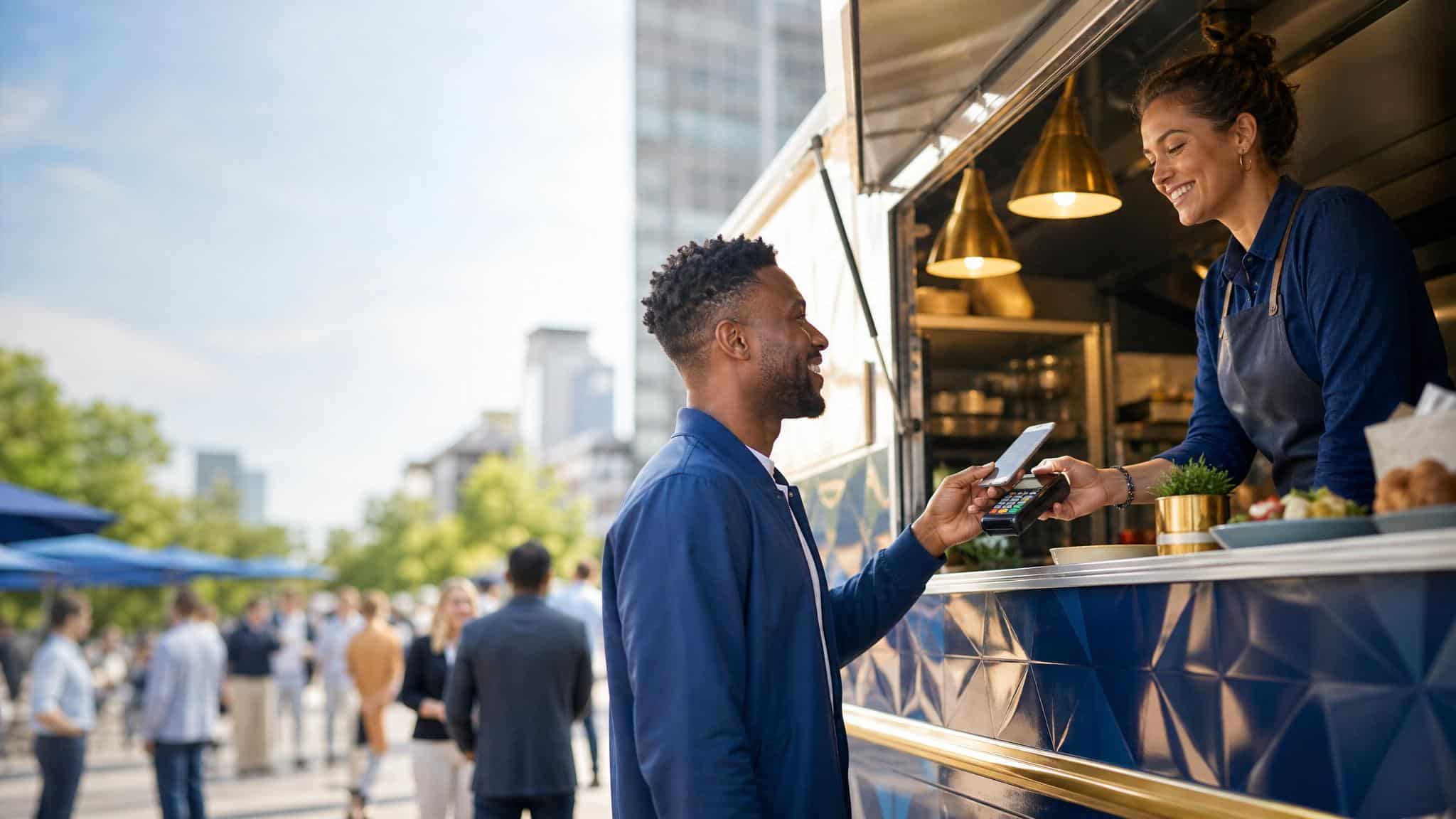 Food truck customer paying by card at a mobile payment terminal