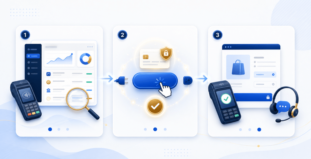Visual steps for reviewing, connecting, and testing Shopify payment processing